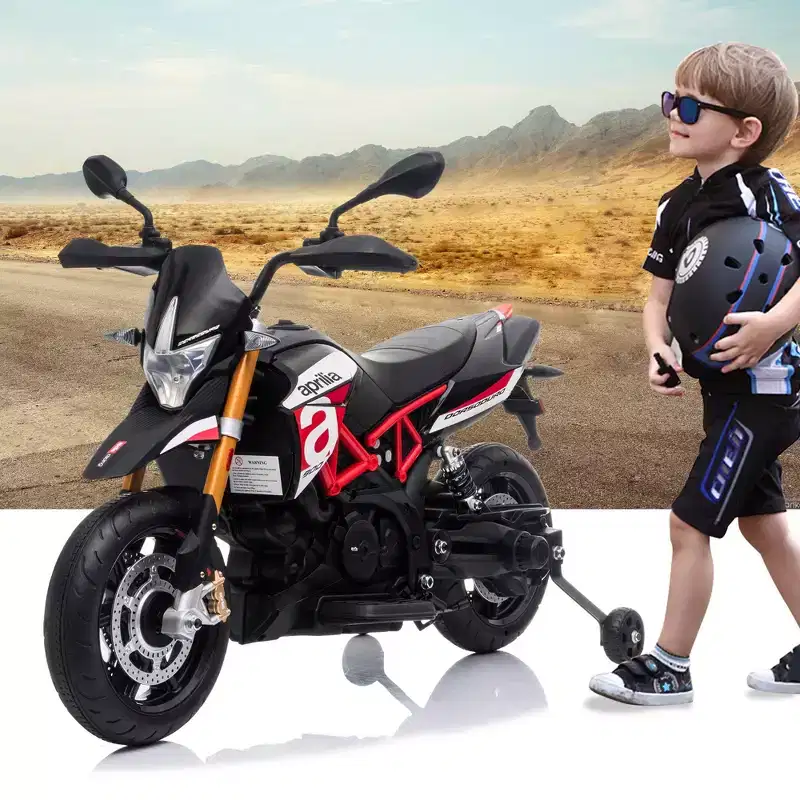 Sandinrayli 12V Aprilia Licensed Electric Kids Ride On Motorcycle, Battery Powered Dirt Bike With Training Wheels
