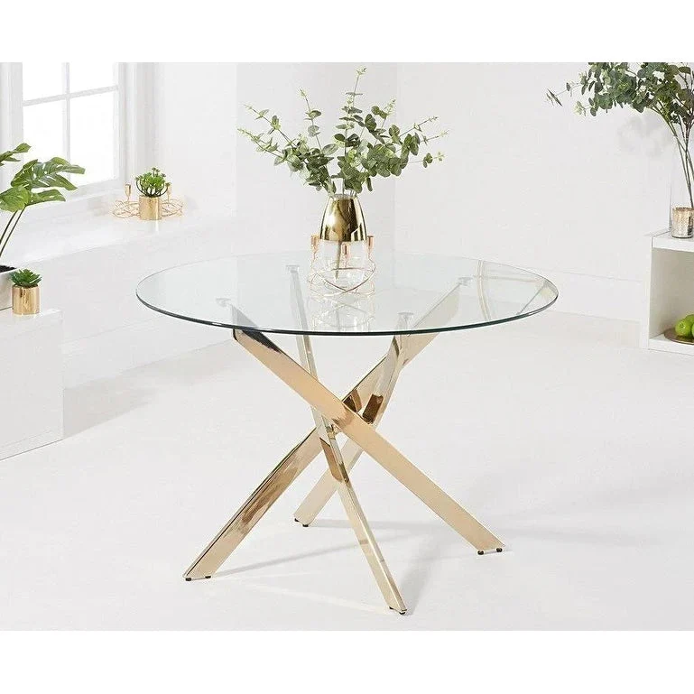 Round Tempered Glass Dining Table with Gold Star Base - 29.5H x 36W x 36D in