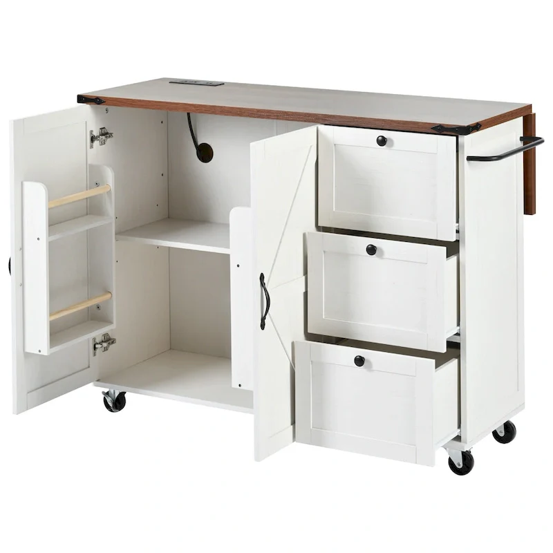 Farmhouse Kitchen Island with Power Outlet and Rolling Cart