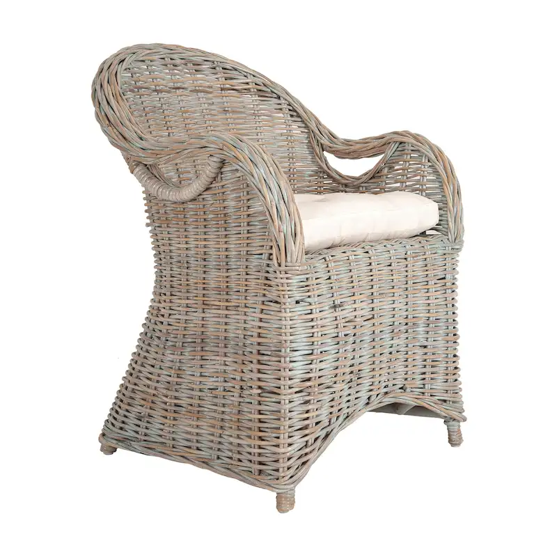 Brown-Blue-Wash / Whitewash Handwoven Rattan Wicker Armchair with Cushion - Single Use