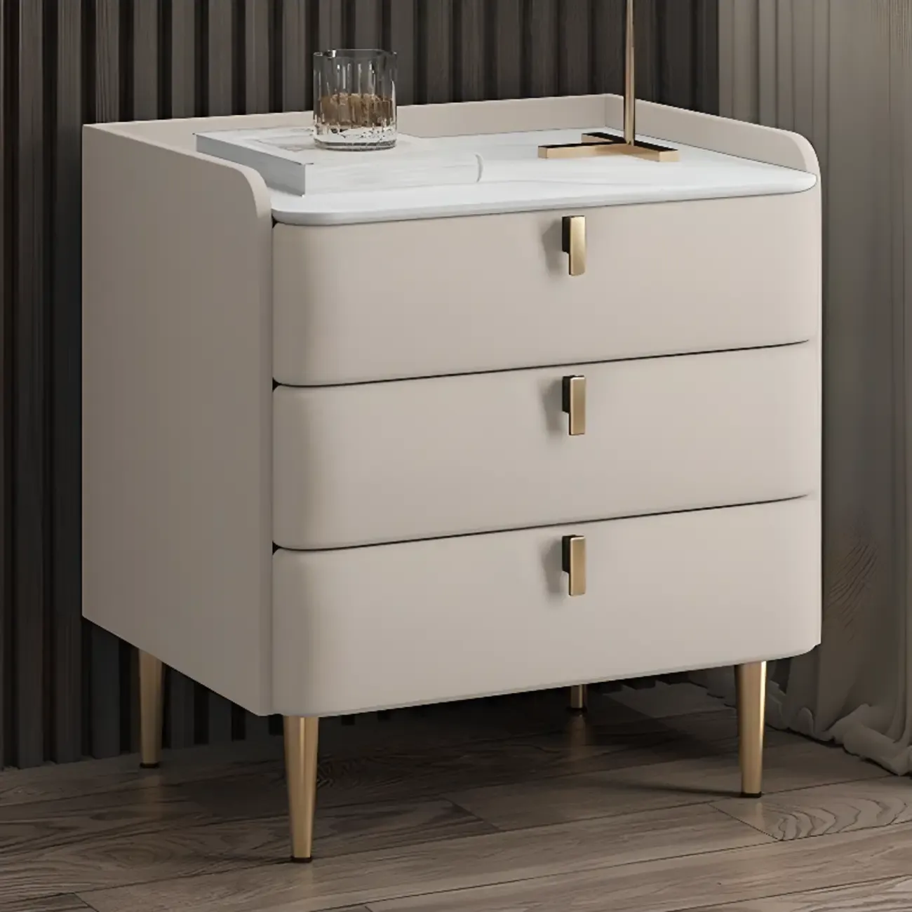 Modern Leather Stone Top Gold Accents 3-Drawer Nightstand