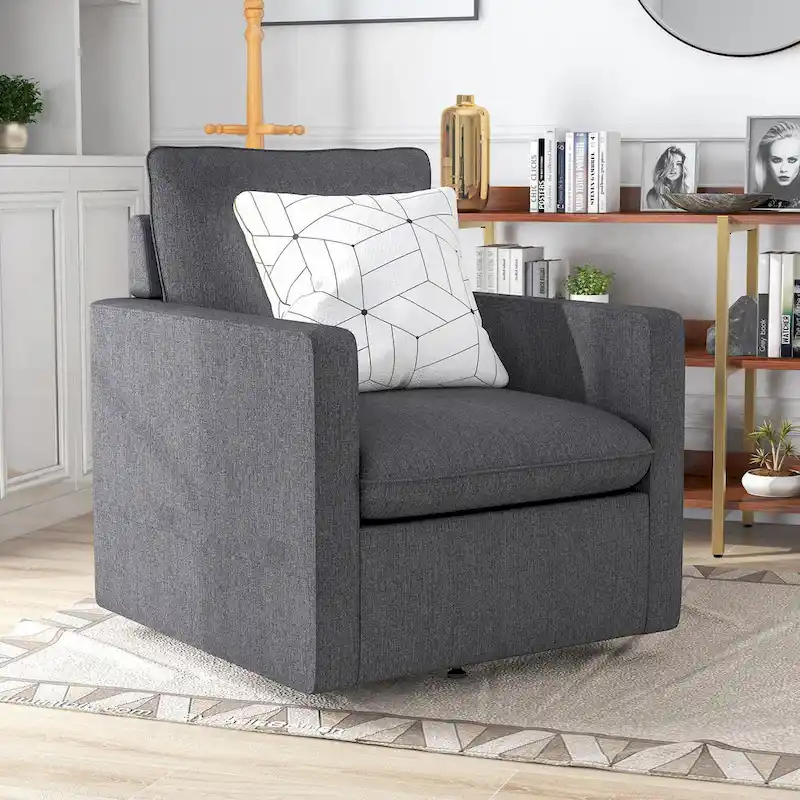 Transitional Linen Cushion Back Swivel Armchair