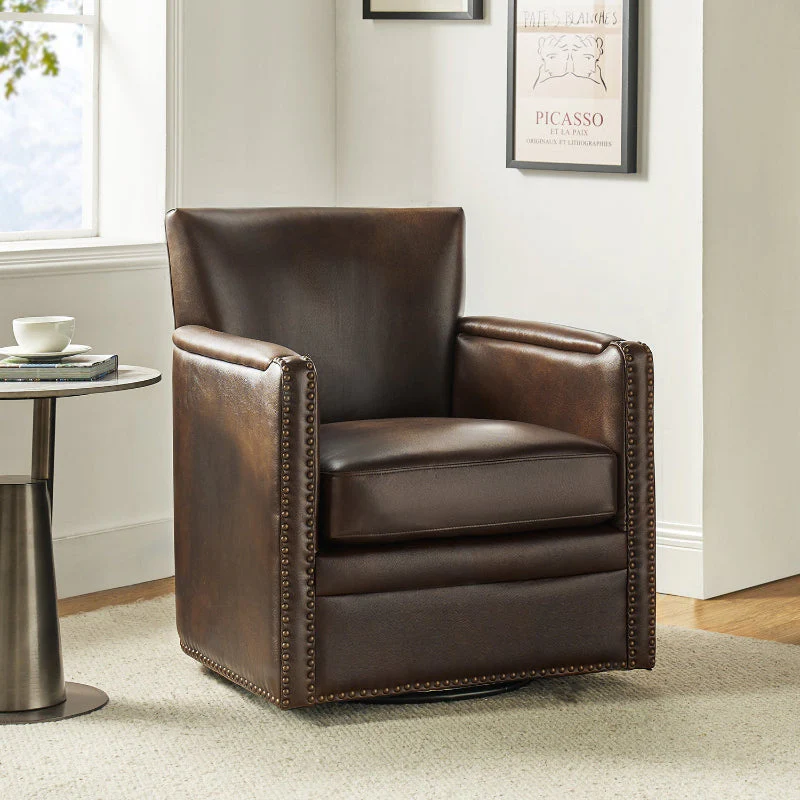 Genuine Leather 360° Swivel Armchair with Nailhead Trim, Recessed Arms & Black Legs | Chocolate / Brown / Camel / Black / Navy | Single Seat