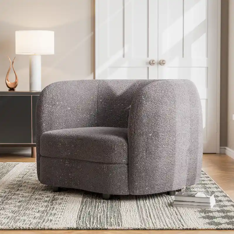 Boucle Accent Chair with Curved Arms, Kidney Seat Cushion and Round Wooden Legs