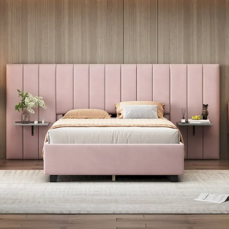 Pink / Beige / Grey Upholstered Platform Bed for 2, Full Size with Storage Headboard