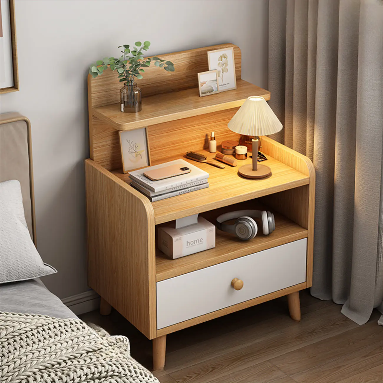 Modern Wooden Three-layer Bedside Table with Lamp Shelf