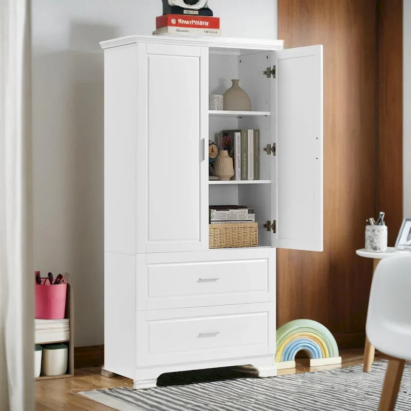 63Tall Bathroom Storage Cabinet, Cabinet with Two Doors and Drawers, Adjustable Shelf, MDF Board, White