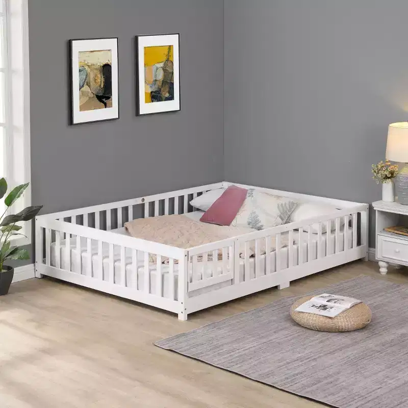 Okak Full Size Bed with Headboard,Solid Wood Platform Bed Frame with Fence,Suitable for children, Pine Wood, White