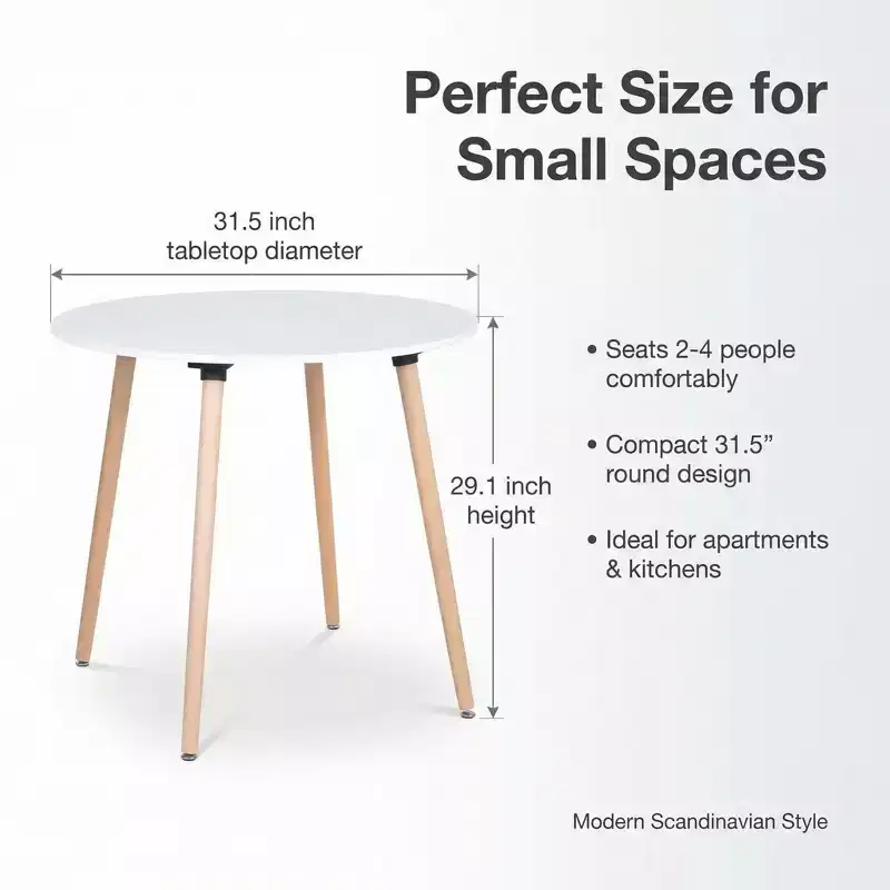 FurnitureR Round Dining Table with White Tabletop and Wood Legs, 31.5 Compact Scandinavian Style Table for Kitchen or Apartment
