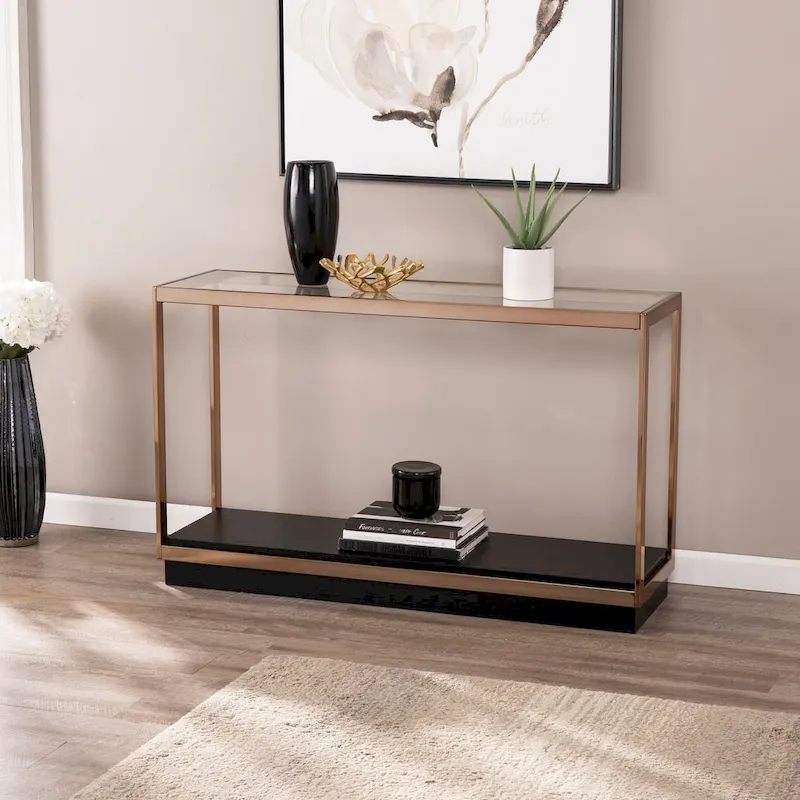 Modern Champagne Metal Console Table with Glass Top