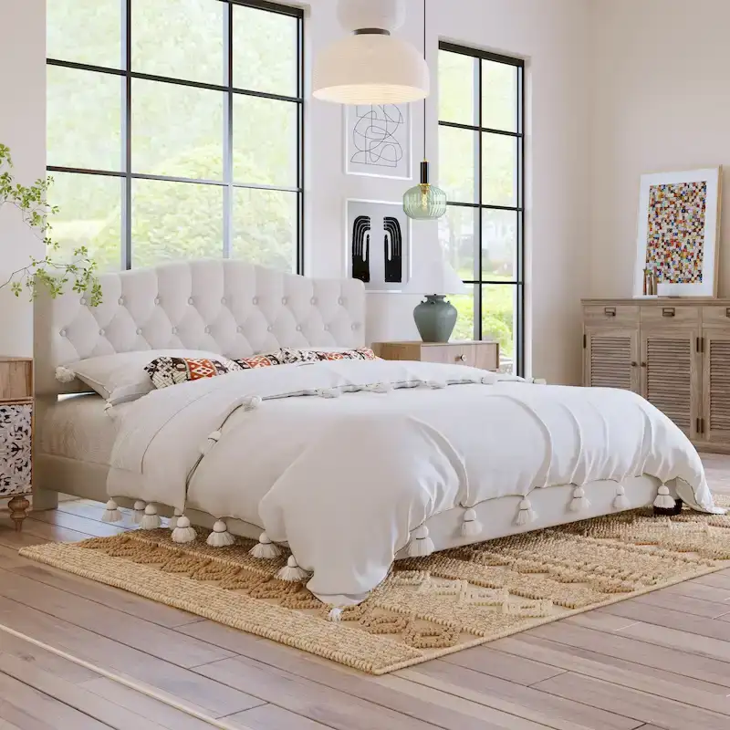 Beige Upholstered Low Profile Platform Bed Frame Saddle Curved Headboard Wingback Bed with Diamond Tufted Details Panel Bed