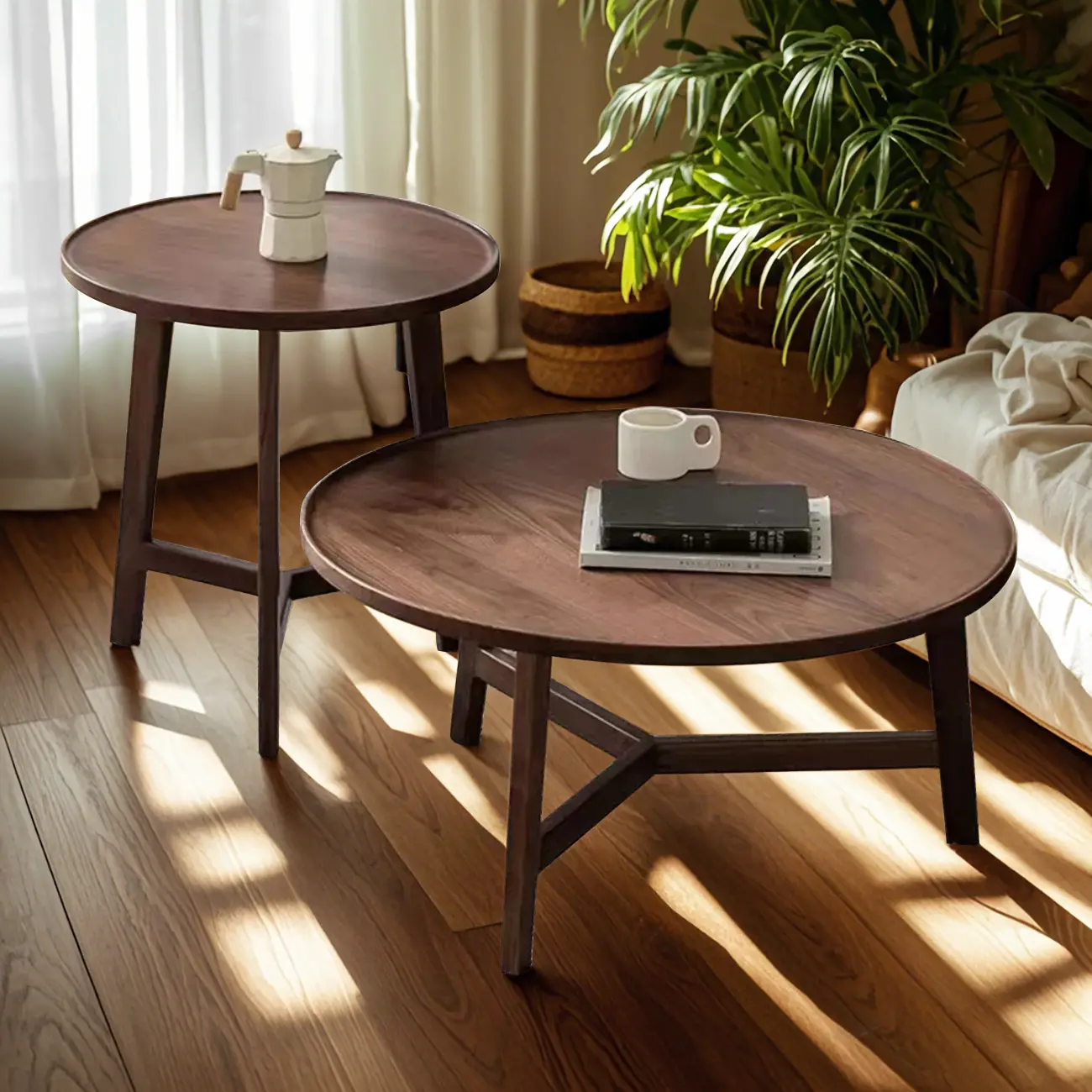 Mid-century Wooden Round Coffee Table Set with Cross Legs