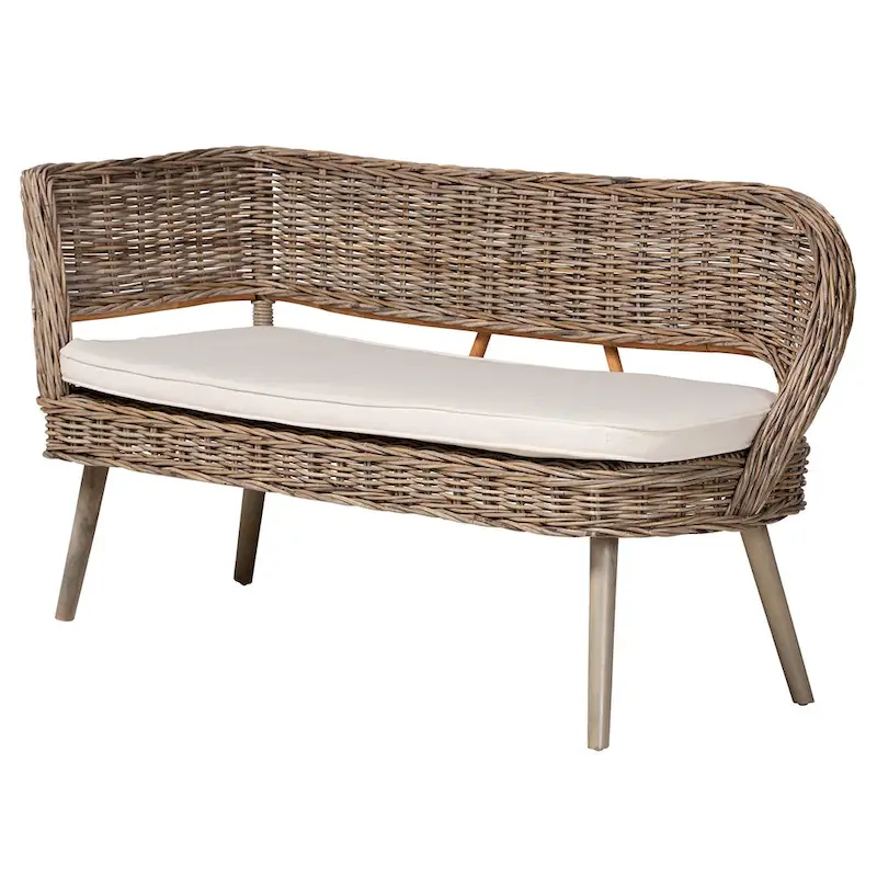 Raisa Modern Bohemian Natural Kubu Rattan and Acacia Wood 2-Piece Dining Nook Banquette Set