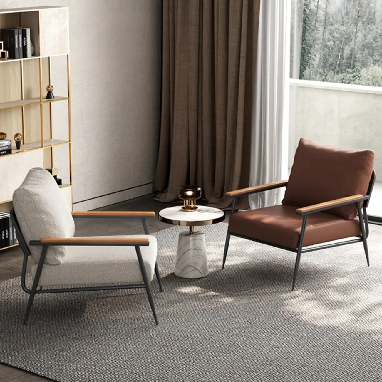 Elegant Fabric Accent Chair with Wooden Arms for Living Room