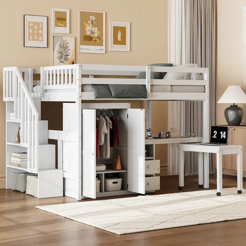 Espresso / Grey / White Full Size Loft Bed with Stairs, Desk & Wardrobe – 1 Person