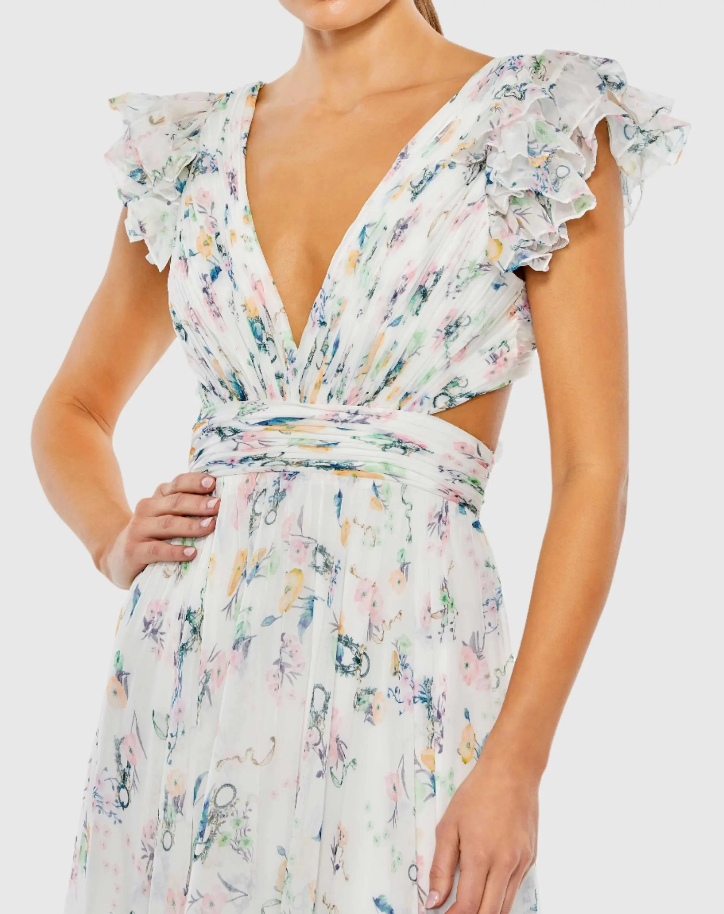 White Floral Ruffled Cut Out Flowy Maxi Dress