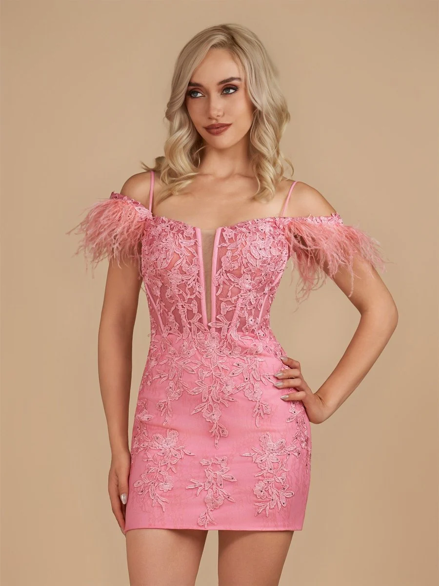 Detachable Off-the-Shoulder Feathers Appliques Sexy Fitted Homecoming Dress