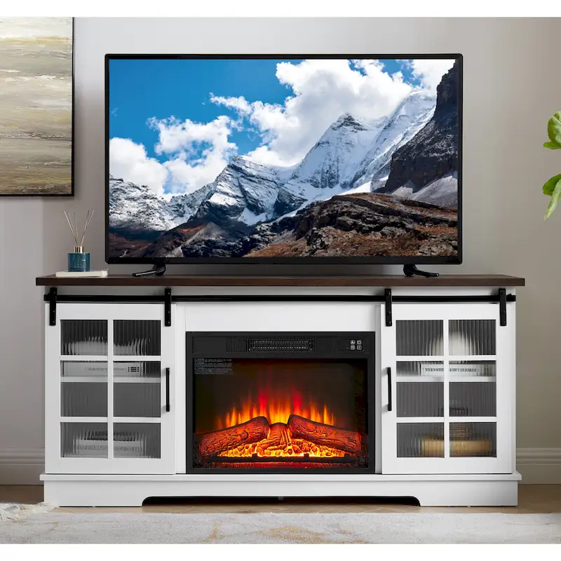 White 59.13  Fireplace TV Stand with Sliding Glass Doors and Storage Shelf for TVs Up to 65