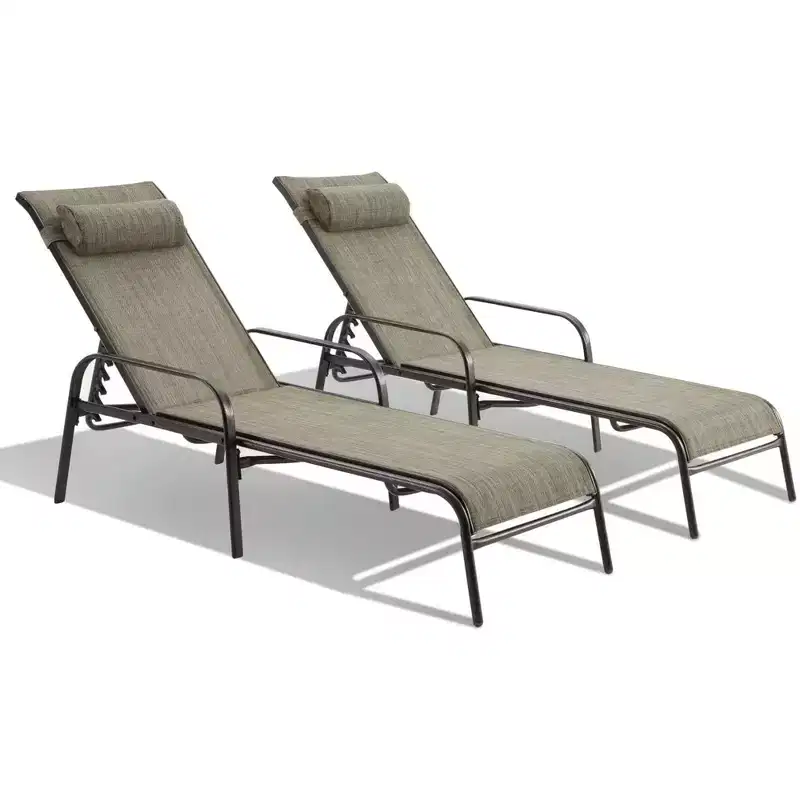 Erommy Patio Chaise Lounges, Set of 2 Outdoor Lounge Chairs with Adjustable Backrest, Textiline Recliner Chairs with Steel Frame and Ergonomic Armrest