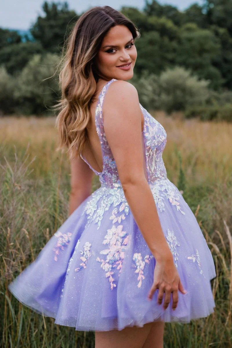 Lace Plunge V Backless A-Line Short Homecoming Dress