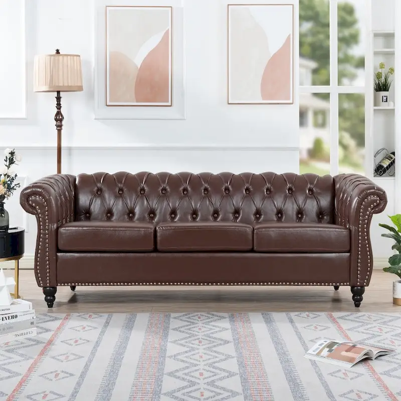 Brown Faux Leather Chesterfield Sofa for 3 People with Rolled Arms