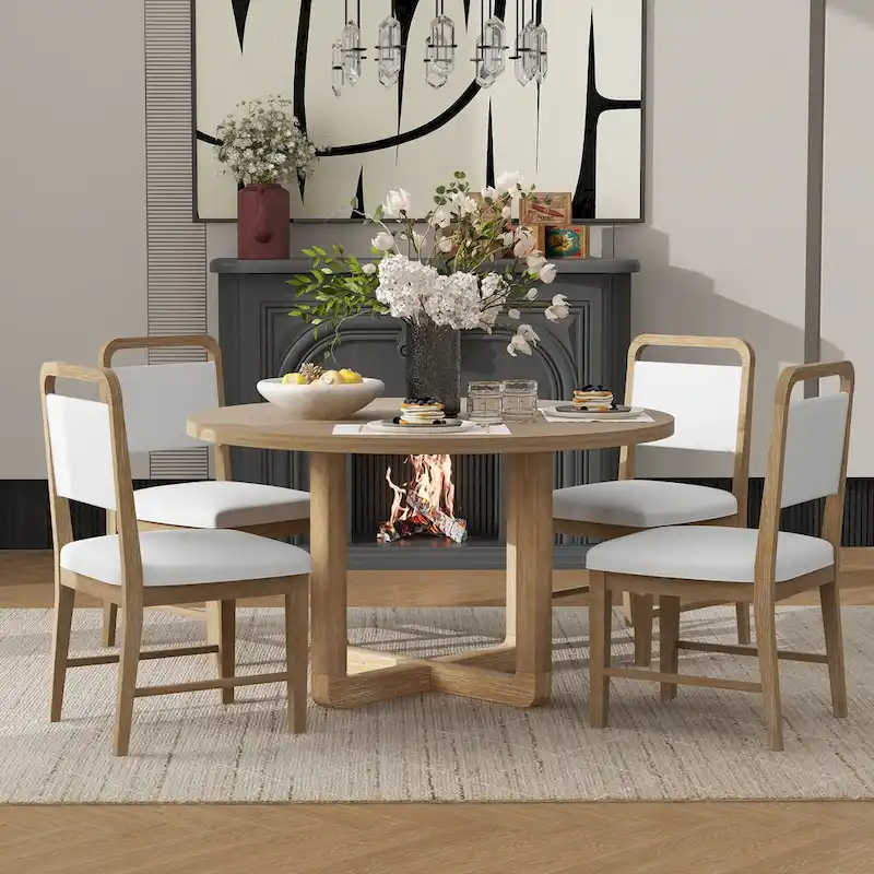 5 Piece Dining Table and Chair Set, Wooden Kitchen Dining Table Set with Round Dining Table and 4 Upholstered Chairs