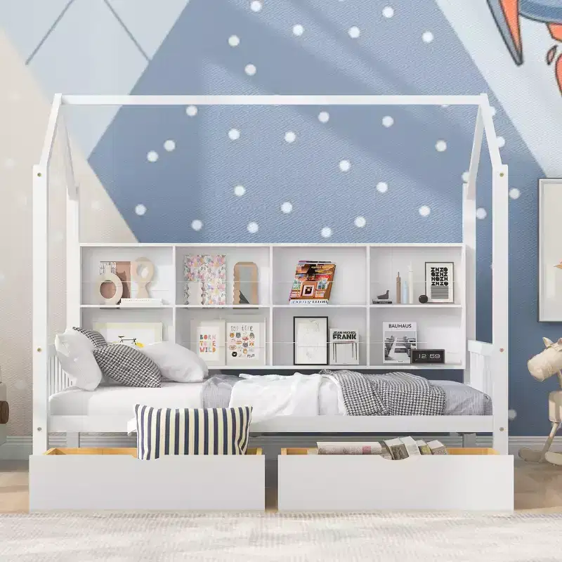 Twin Size House Bed with Trundle and Storage Shelves, Kids Montessori Bed Wood Playhouse Tent Bed Frame for Girls Boys, White