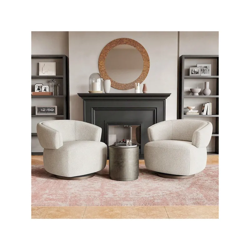 Beige / Grey Upholstered 360° Swivel Barrel Accent Chair – Single