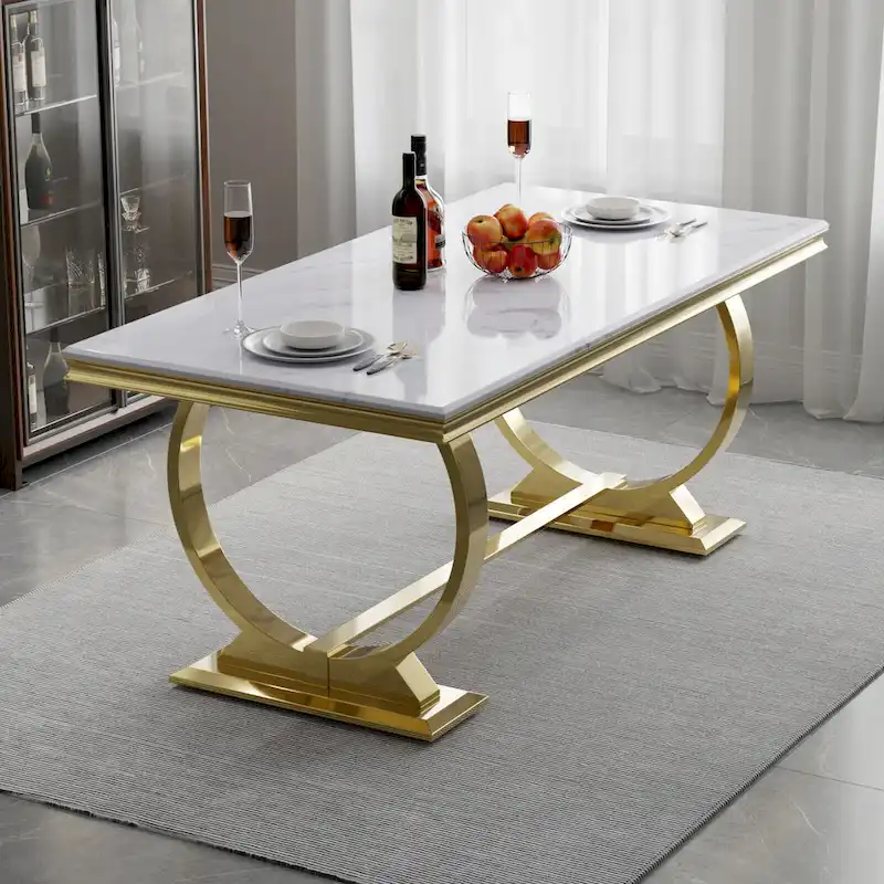 Dining Table with Circular Pedestal Base - Marble Texture Top, Seats 4-8 (Black/Grey/White)