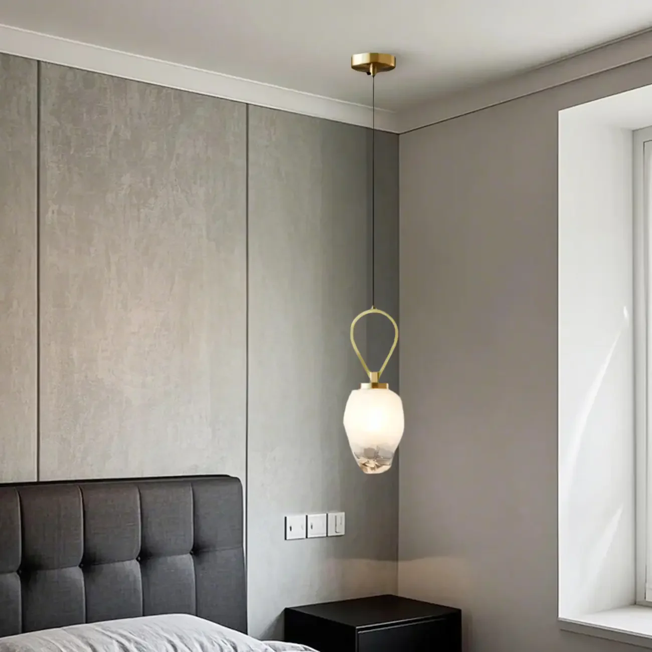 White Glass Pendant Light with Long Cord for Bedside