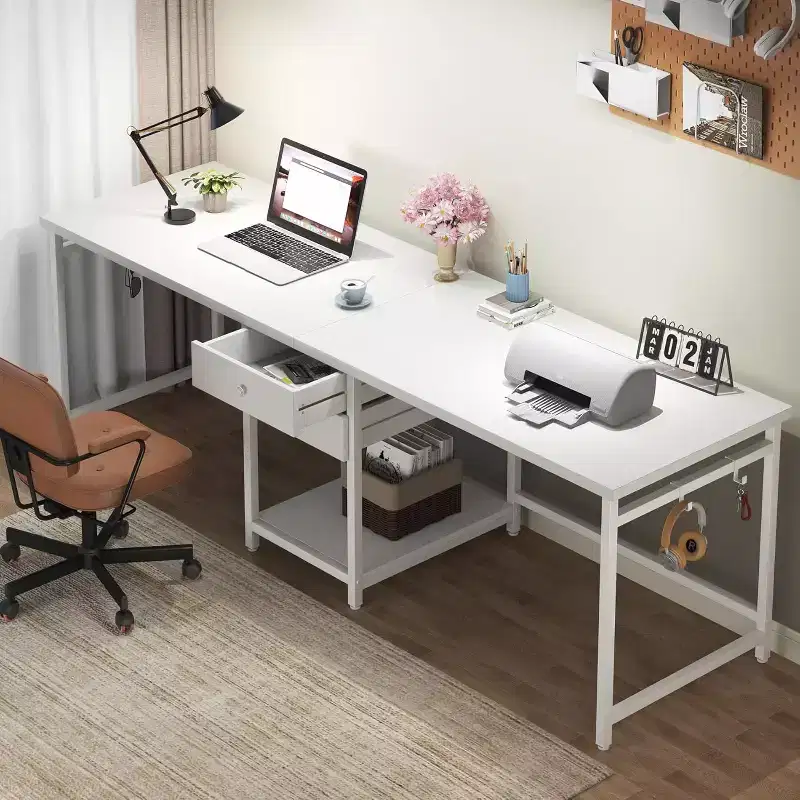 Lantine 79 Inch Extra Long Double Desk with 2 Drawers, Two Person Computer Desk with Storage Shelves, Writing Table Study Desk for Home Office, White