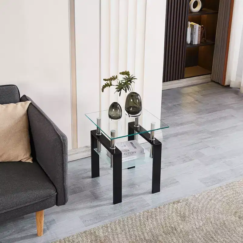 Tempered Glass End Table, 2-Tier Side Table with Storage for Living Room and Bedroom
