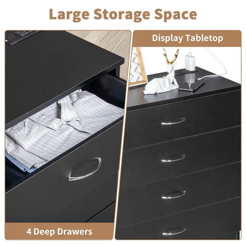 White / Black 4-Drawer Dresser with Built-In Charging Station (2 USB + 2 Outlets) – Minimalist Style, Bedroom Use