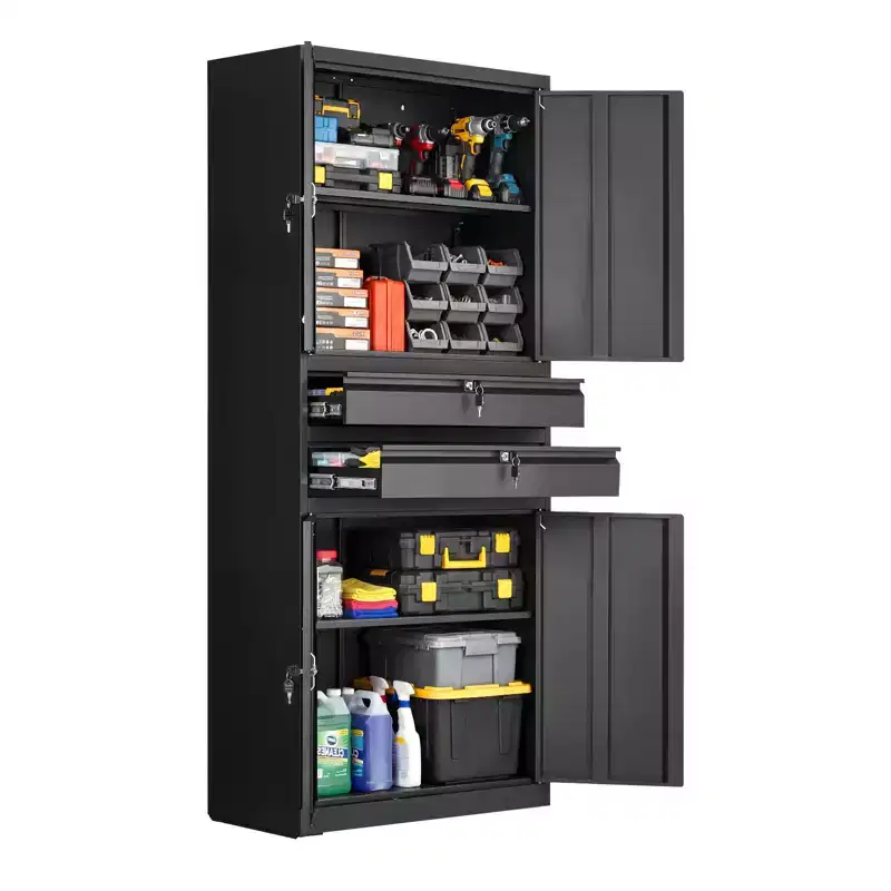 VEVOR Metal Storage Cabinet, 180 lbs Shelf Load Capacity, 70.87 Tall Garage Tool Storage Cabinet with 4 Locking Doors and Shelves, 2 Drawers, Black