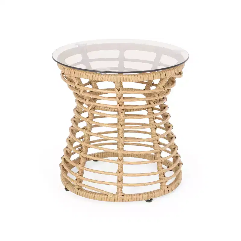 ModernLuxe 15.5 End Table Boho PE Rattan Round Side Table, Tempered Glass Top, Woven Hourglass Accent Table for Patio/Living Room, Brown