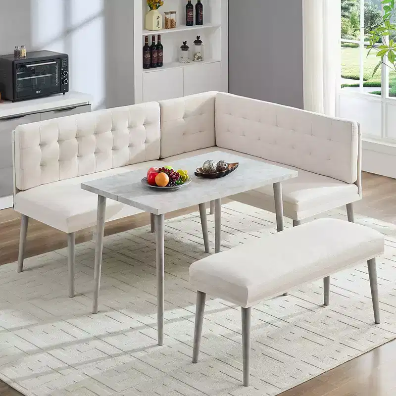 Mjkone 3 PCS Dining Table Set, Rectangular Table with Upholstered L-Shaped Sofa Chairs Set