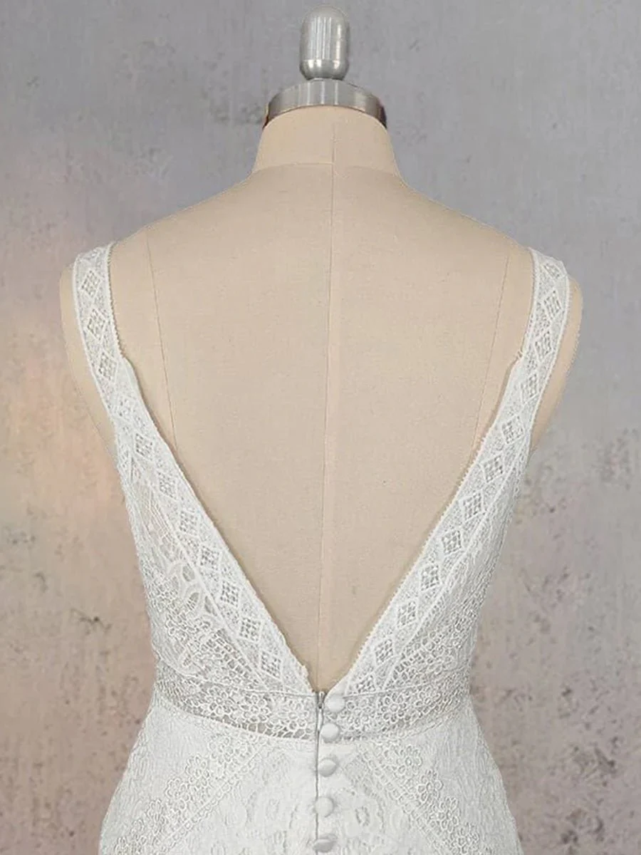 Mermaid White V Neck Illusion Wedding Dress