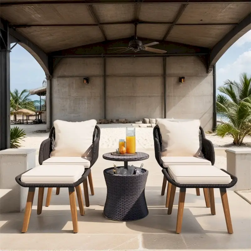 5 Pieces Patio Conversation Set with Wicker Cool Bar Table, Ottomans