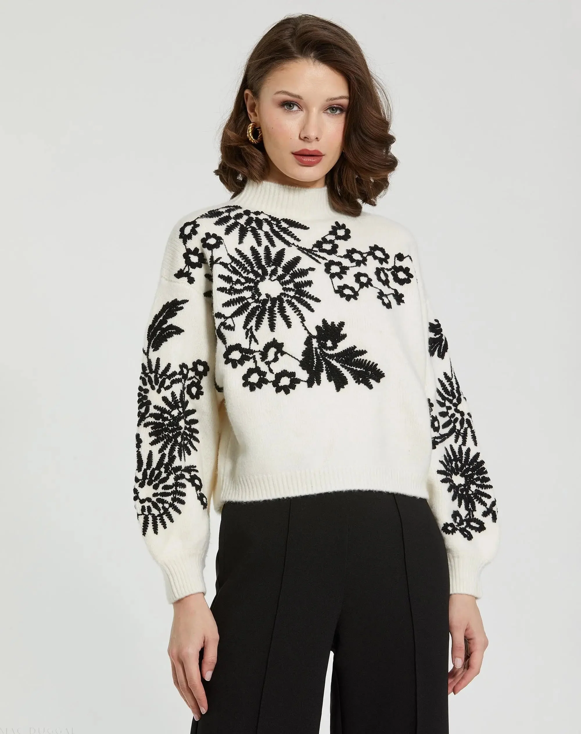 White Balloon Sleeve Cropped Mock Neck Knit Sweater