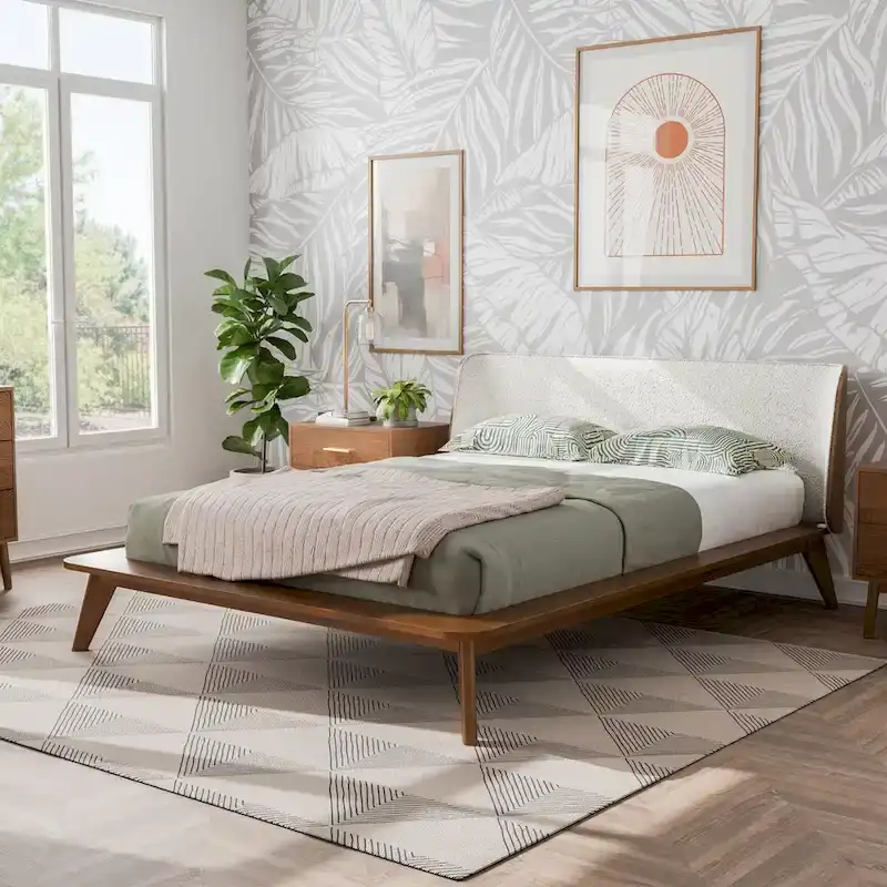 Beau Midcentury 6-Piece Boucle Wingback Queen Low Profile Bedroom Set