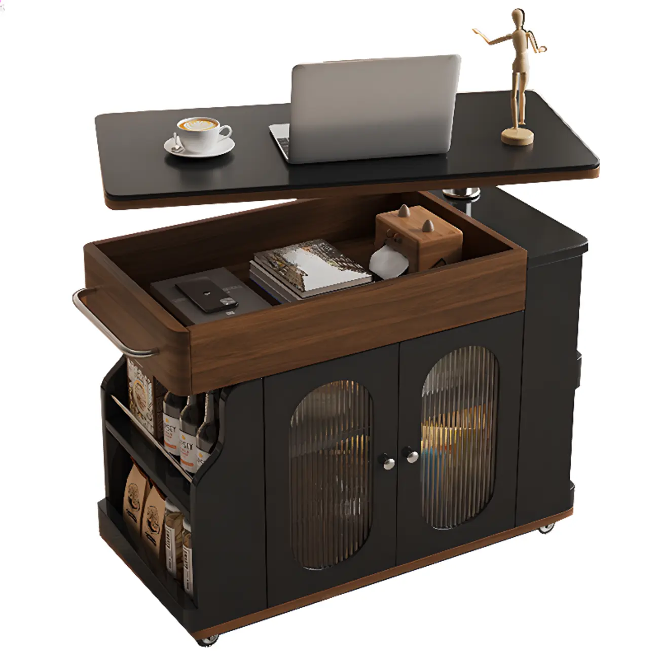 Multi-levelled Fold Away Chairside Table with Roller Wheels