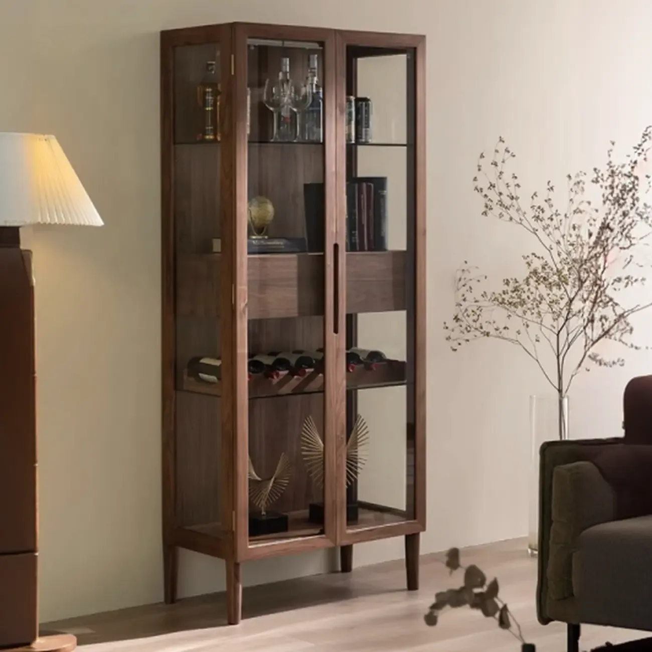 Sitting Room Old School Walnut Glass Cabinet with Illuminating