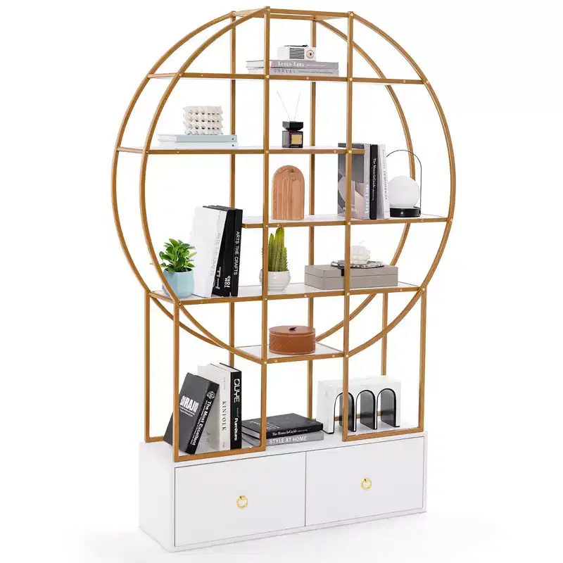 Costway 71 Tall Metal Bookcase 6-Tier Gold Bookshelf w/ 2 Storage Drawers Home Office