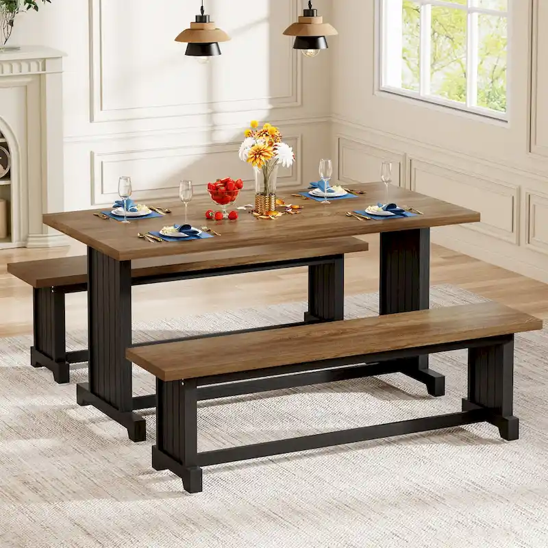 47 Inches Farmhouse Wood 3-piece Small Dining Table with 2 Benches - N/A