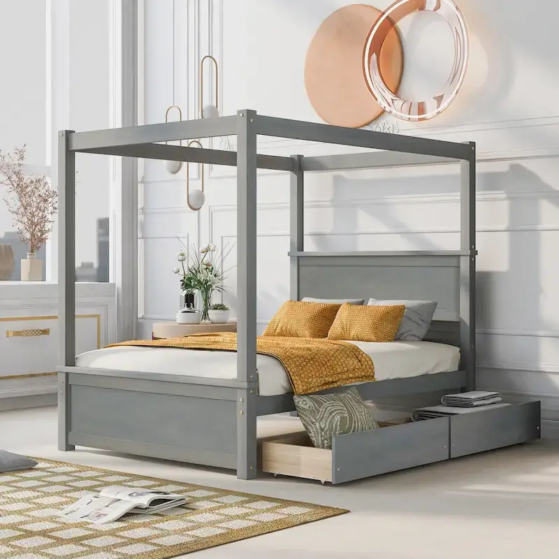 Grey/White/Brown Full Size Canopy Platform Bed with 2 Drawers, 1-2 Person