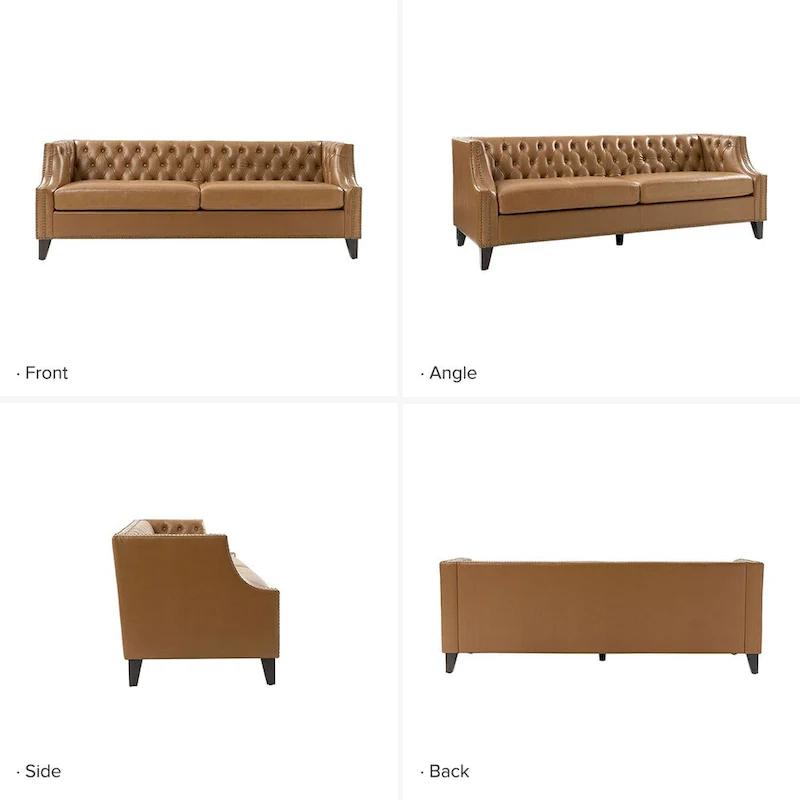 Transitional Genuine Leather Tufted Design Sofa with Solid Wood Legs