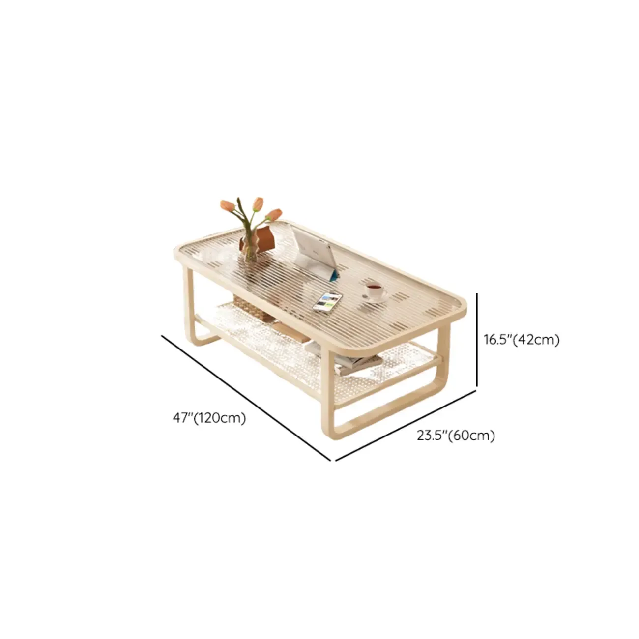 Modern White Rectangle Glass Coffee Table with Shelf