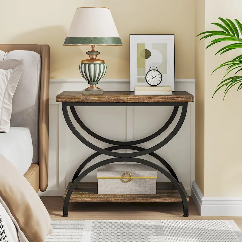2-Tier RectangularWood Metal End Side Accent Table Nightstand