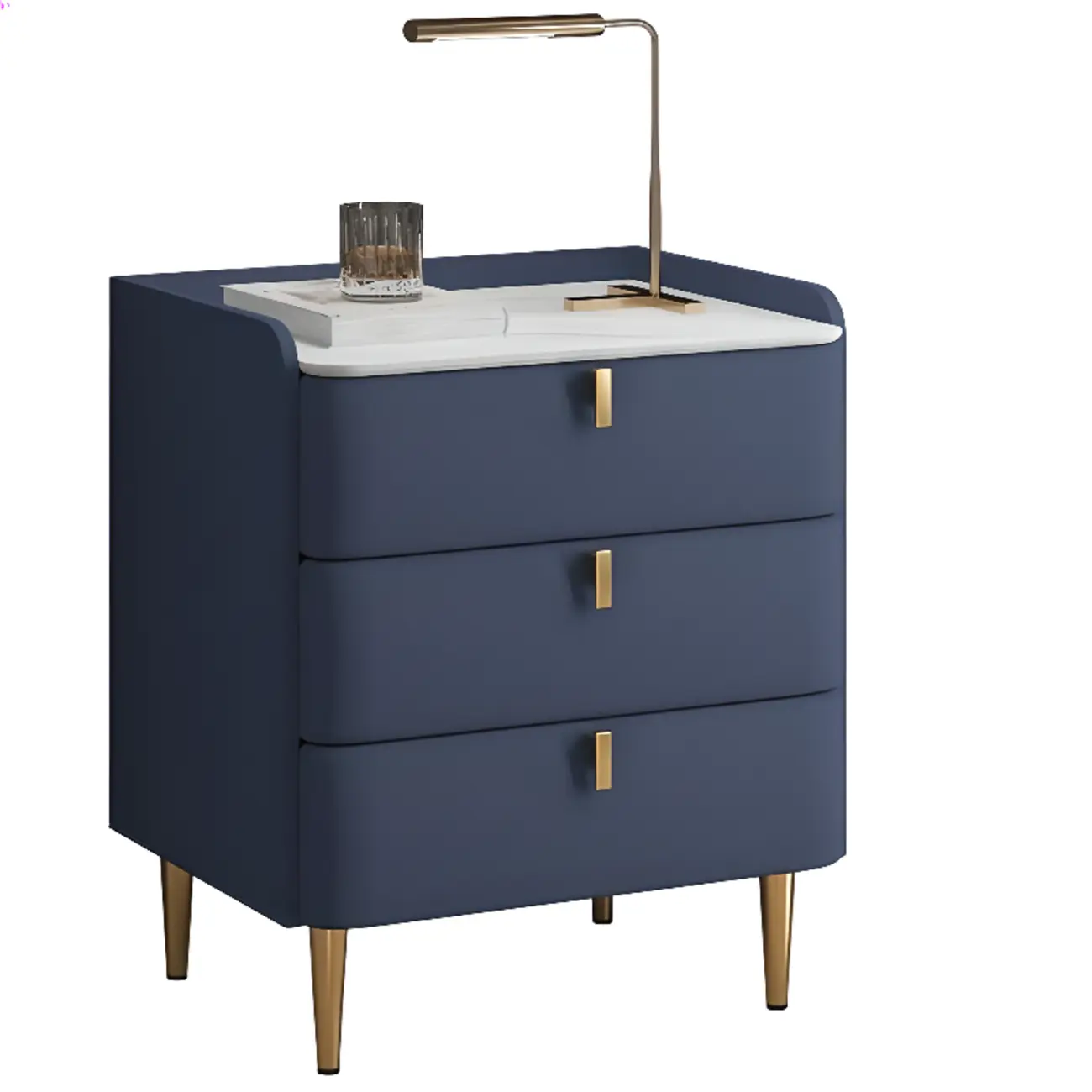 Modern Leather Stone Top Gold Accents 3-Drawer Nightstand