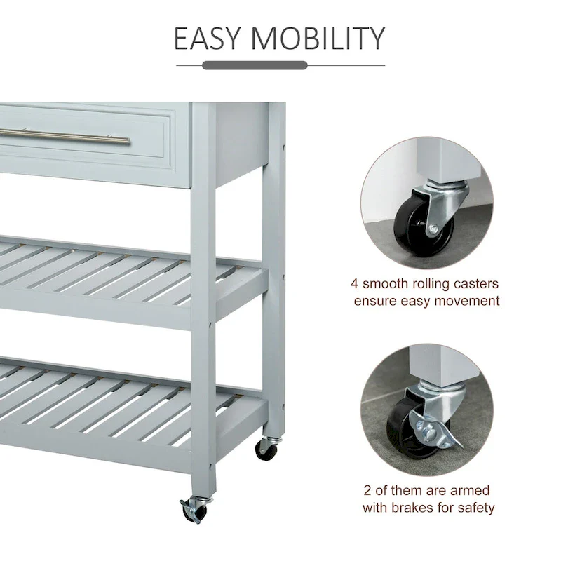 HOMCOM Kitchen Island Stainless Steel Top Rolling Utility Cart with Drawers, Shelves - Grey